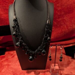 Elegant Black Beaded Necklace and Earring Set